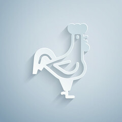 Paper cut French rooster icon isolated on grey background. Paper art style. Vector