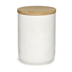 weiße Porzellandose vor weißem Hintergrund mit Schatten