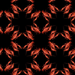 Seamless pattern with red crayfish on black background. Endless crawfish texture. Raster illustration.