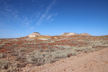 The Breakaways in the Kanku-Breakaways Conservation Park near the remote outback opal mining town of Coober Pedy, South Australia.