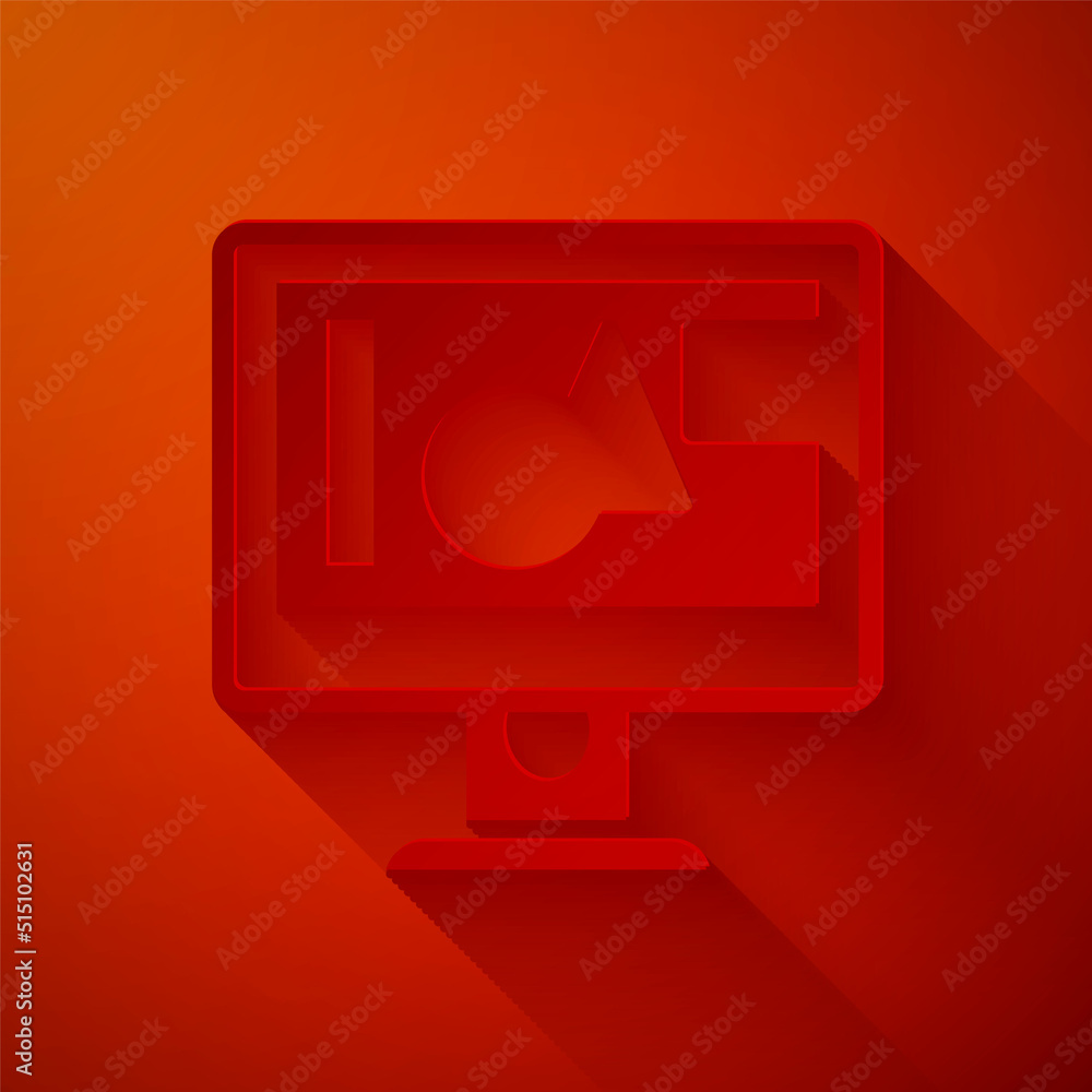Poster paper cut computer monitor screen icon isolated on red background. electronic device. front view. pa