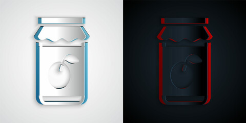 Paper cut Jam jar icon isolated on grey and black background. Paper art style. Vector
