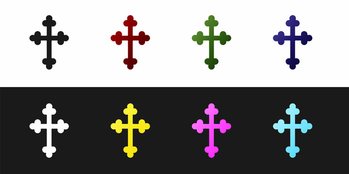 Set Christian cross icon isolated on black and white background. Church cross. Vector