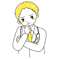 ガッツポーズをする白衣を着た男性のイラスト（聴診器付き）