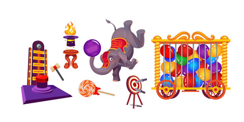 Circus stuff and elephant, big top tent animal artist with ball, wheeled cage with balloons, lollipop, amusement park attraction with hammer and button, magician hat and target, Cartoon vector set