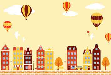 vector background with autumn city landscape with colorful houses and hot air balloons for banners, cards, flyers, social media wallpapers, etc.
