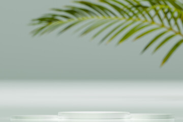Podium for product presentation. minimalistic scene with branch of palm tree with natural shadows. Tropical palm tree on green wall and product placement