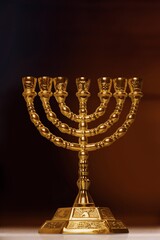 A classic gold menorah with a background of the walls