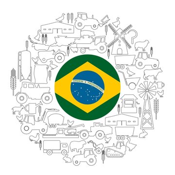 Circle frame with icons of agriculture and farming and flag of Brazil. Illustration or background for eco products and agricultural presentation.