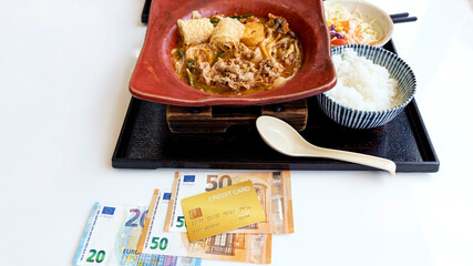 Euro Money spent with credit card to pay expenses  food economic crisis concept. which  the food, to keep with in domestic budget