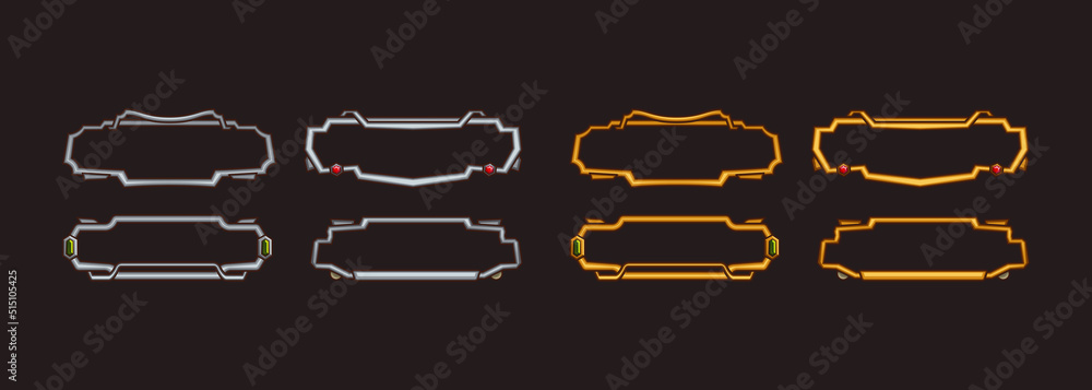 Poster rectangle avatar frames, medieval ui game silver and gold borders. cartoon empty metallic bordering 