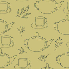 cups, teapot and leaves seamless pattern. hand drawn doodle. wallpaper, tablecloth, menu, wrapping paper, textiles, fabric. vector, scandinavian, nordic, minimalism, monochrome. dishes, kitchen, tea, 