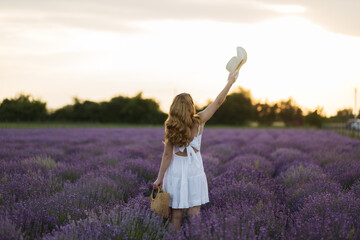 Fototapeta na wymiar Lavender field sexy girl portrait in straw hat. Provence, France. A girl in white dress walking through lavender fields at sunset.