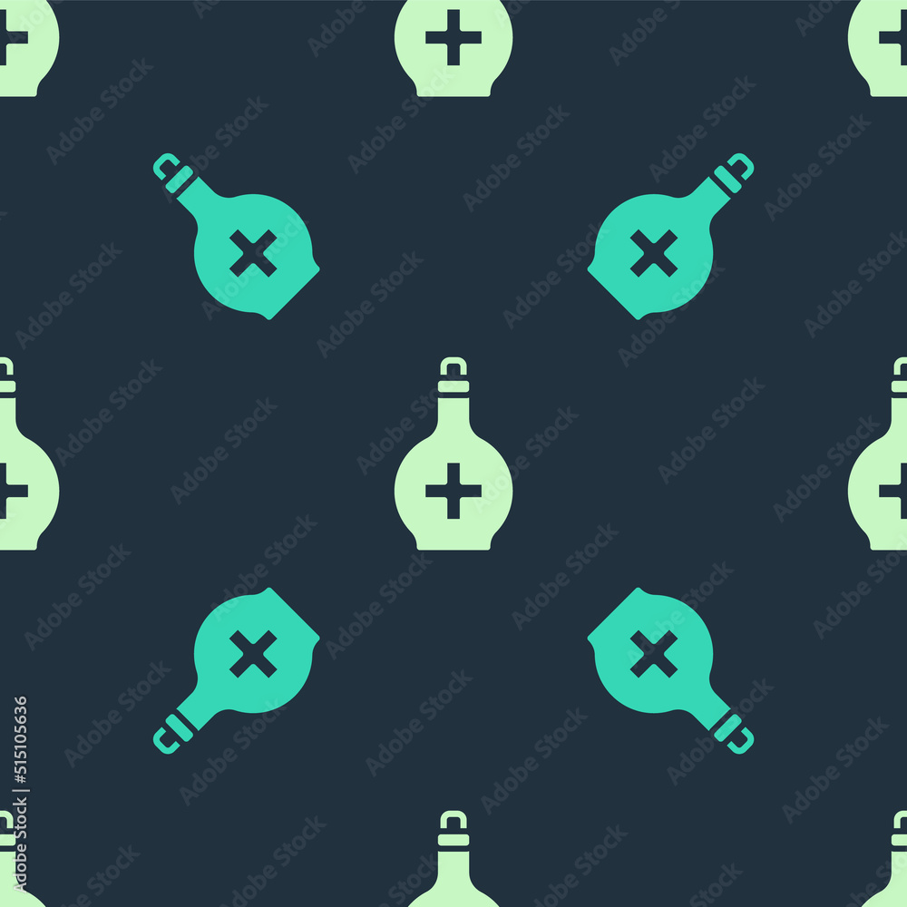 Poster green and beige bottle with potion icon isolated seamless pattern on blue background. flask with mag