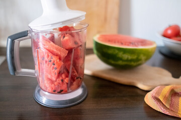 watermelon smoothie in blender 
healthy food concept healthy drink