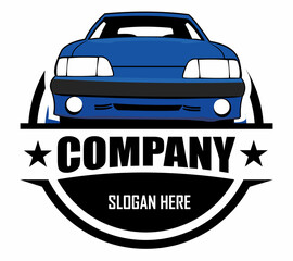 muscle car logo- vector car isolated on blue looks elegant from a stylish front and great for banners, templates, emblems, badges, clothes