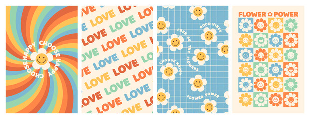 Groovy hippie 70s posters. Funny cartoon flower, rainbow, love, daisy etc. Vector cards in trendy retro psychedelic cartoon style. Vector backgrounds. Flower power. Choose happy.