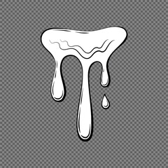 Dripping liquid outline on a transparent background. Contoured black and white illustration of a flowing viscous liquid. Wax, honey, slime. Vector. 