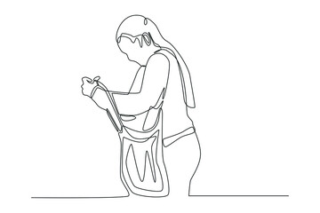 One continuous line drawing of woman checking her shopping bag. Shopping Mall concept. Single line draw design vector graphic illustration.