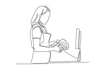 One continuous line drawing of female cashier scanning grocery items at supermarket. Shopping Mall concept. Single line draw design vector graphic illustration.