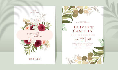 Burgundy roses wedding invitation card template set