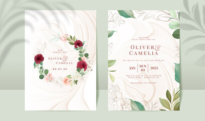 Burgundy roses wedding invitation card template set