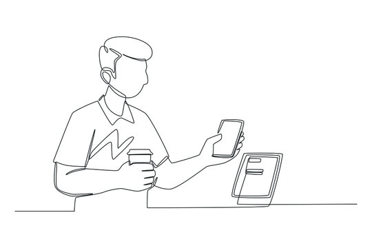 One continuous line drawing of businessman holds drink and pays with smartphone in store. Shopping Mall concept. Single line draw design vector graphic illustration.