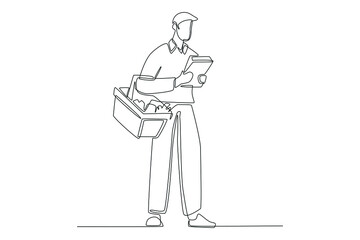 One continuous line drawing of man with basket checking shopping list in note. Shopping Mall concept. Single line draw design vector graphic illustration.