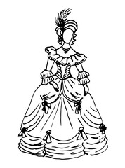 Fototapeta na wymiar Simple hand drawn black outline vector drawing. Lady in vintage antique dress, hat with feather, crinoline puffy lace skirt. Historical fashion. Ink sketch.