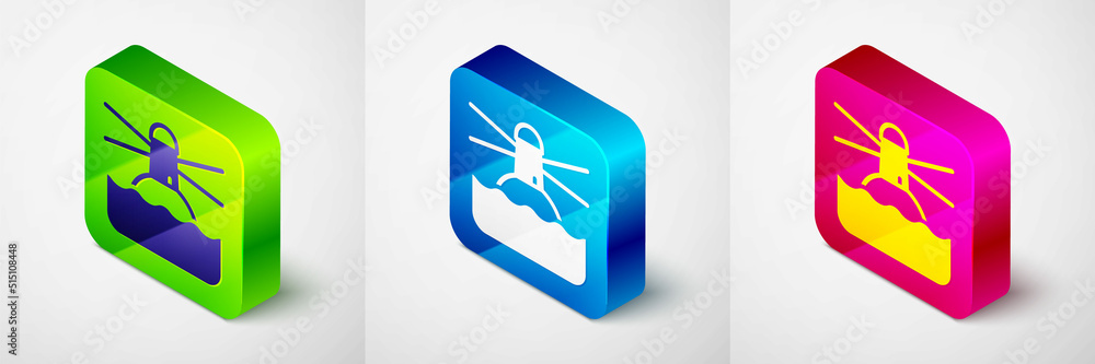 Poster isometric lighthouse icon isolated on grey background. square button. vector