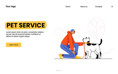 Pet service banner with man walk with dog in park. Vector landing page of professional service for training, walking and daycare of domestic animals with flat illustration of worker with puppy