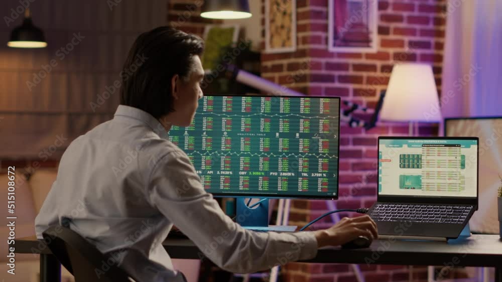 Aufkleber hedge fund trader analyzing real time stock market statistics on computer and laptop screen. global 