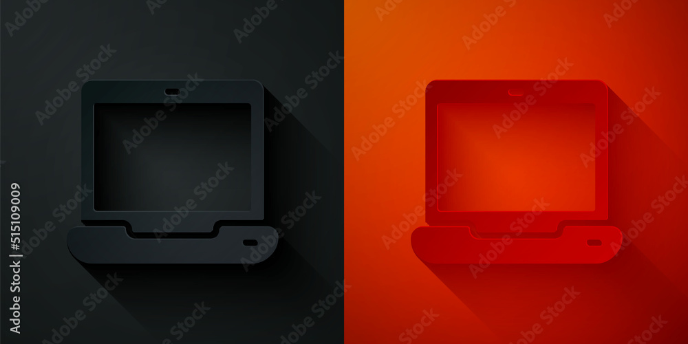 Poster paper cut laptop icon isolated on black and red background. computer notebook with empty screen sign