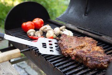 Beef steaks cooking on the charcoal grill with chili pepper, tomatoes, garlic and mushrooms for bbq...