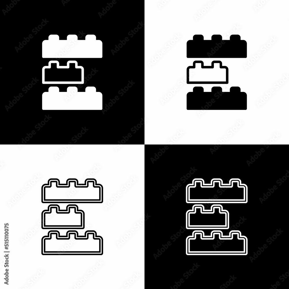 Sticker set toy building block bricks for children icon isolated on black and white background. vector