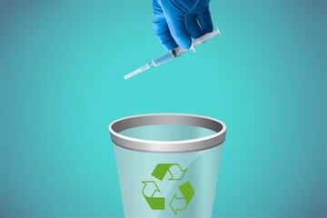 A man throws a package of syringe into the trash. A symbol of the non-necessity of the medicine...