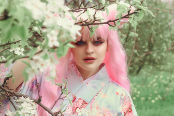 Portrait of young european woman wearing kimono. Asian beauty. Cherry blossoms. Hanami. Sightseeing of Japan concept
