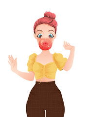 Pink haired woman doing bubble with chewing gum