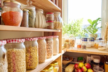 Storage of food in the kitchen in pantry - obrazy, fototapety, plakaty