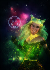 3D Taurus girl with green hair in space