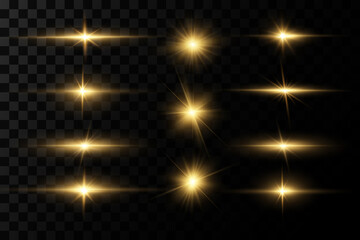 Shining golden stars isolated on transparent background.Effects,glare,lines,glitter,explosion,light