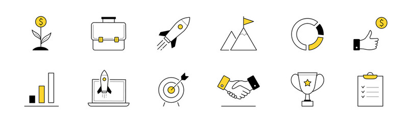 Doodle icons startup, project launch, business start up idea vector set. Rocket, money flower, briefcase and mountain peak with flag, achievement and handshake. Trophy, chart or graph
