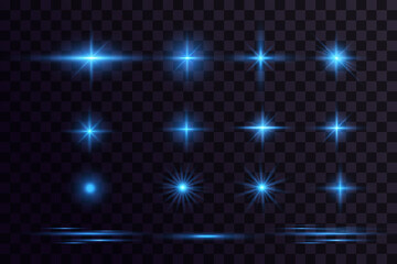 Bright particles, burning blue lights, stars, lasers. Vector.