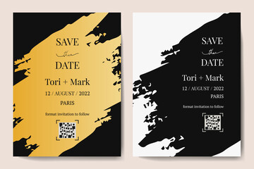 Vector vertical wedding invitation cards set with black and gold texture on dark background. Luxury exotic design for wedding ceremony.