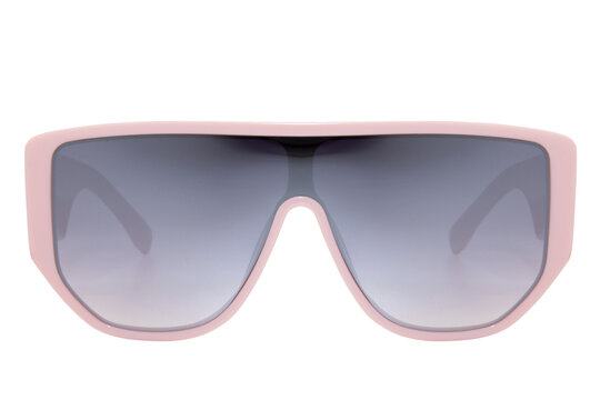 Big frame Sunglasses grey shades with pink frame isolated on white background front view