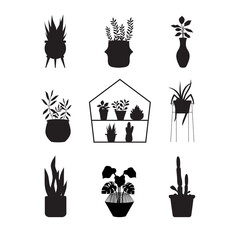 
Silhouettes collection of decor house indoor garden plants.Black and white house plants in flower pot outline doodle .Vector illustrations.