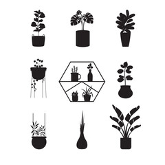 
Silhouettes collection of decor house indoor garden plants.Black and white house plants in flower pot outline doodle .Vector illustrations.