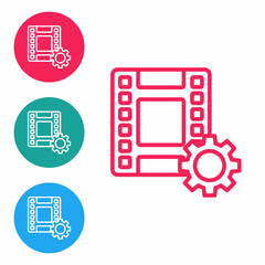 Red line Play Video icon isolated on white background. Film strip sign. Set icons in circle buttons. Vector