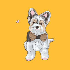 Biewer York Terrier with a bow sits. Cute puppies illustration. Digital hand art. Little pet dogs