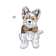 Biewer York Terrier with a bow sits. Cute puppies illustration. Digital hand art. Little pet dogs